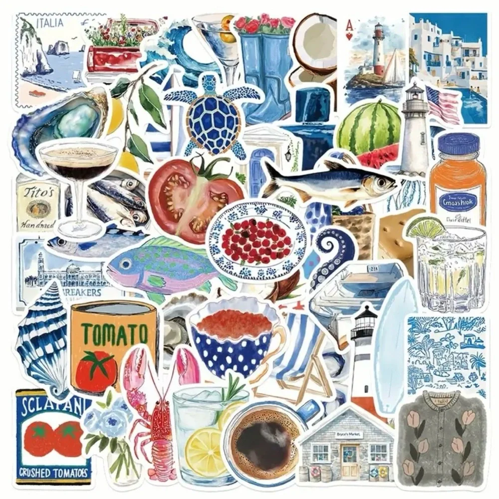 Colorful Italian-Themed Stickers Set of 50 Nautical Sailing Amalfi Tomato Drinks - Picture 2 of 9